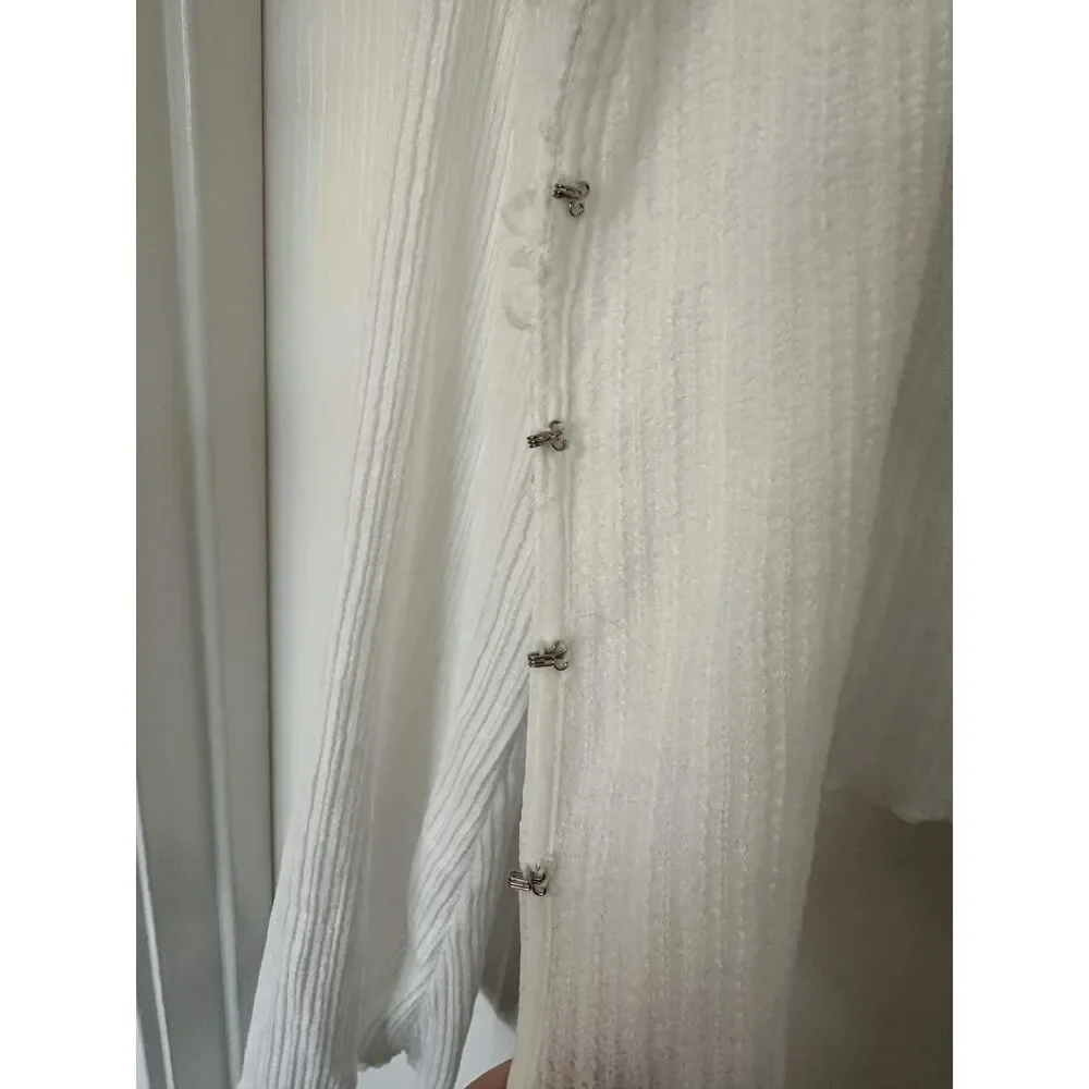 Commense White Ribbed Lace Trim Hook Front Long Sleeve Crop Top Small Boho Fairy - Picture 7 of 10